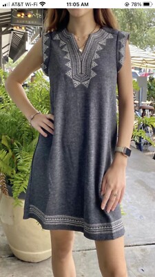 Anthropologie THML Dress Small S Embroidered Gray Lagenlook Boho Waffle Knit EUC