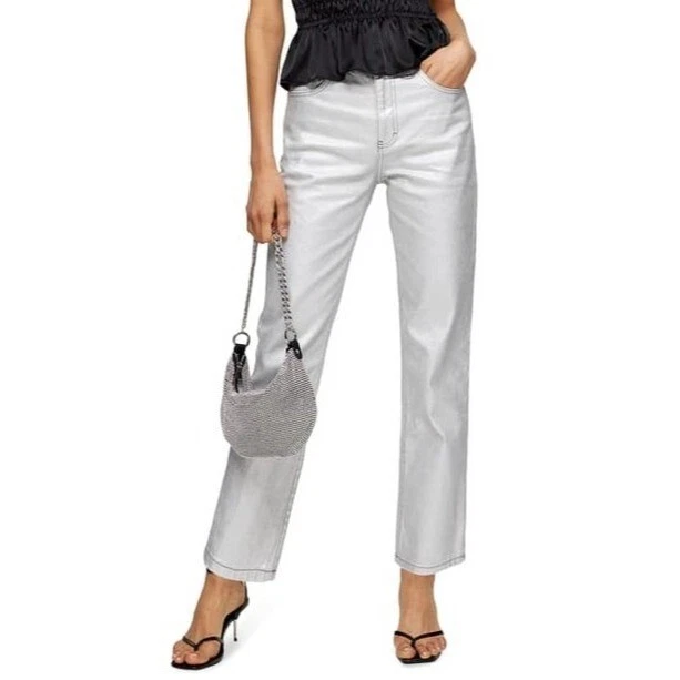 NWOT Topshop Silver Foil High Waist Straight Leg Jeans Size 30