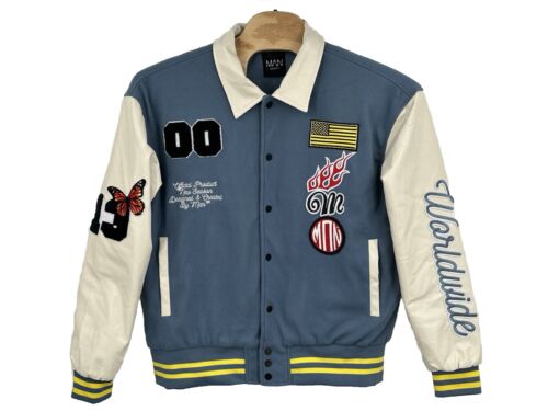 Boohoo Man Varsity Bomber Jacket Limited Edition Mens SZ-2X w/ Patches Blue NWOT
