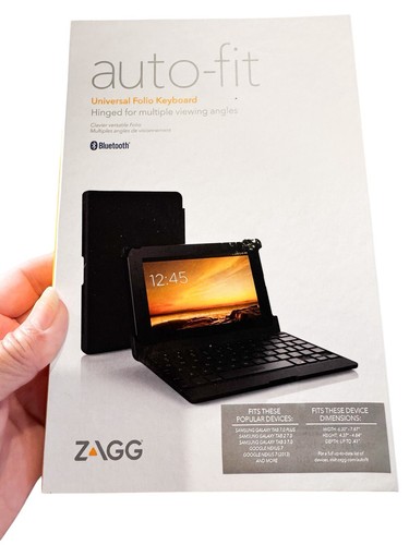 Zagg Auto-Fit Universal Folio Keyboard Hinged Bluetooth Adjustable Thin Open Box