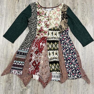 Sacred Threads Tunic Dress Large Bohemian Fairy Knit Patchwork Gypsy Y2K Gypsy