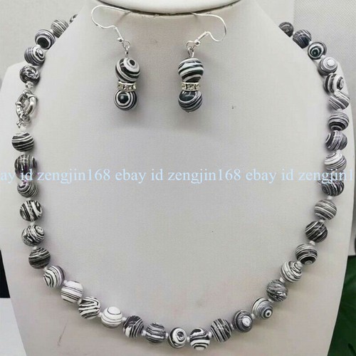 Pretty 10mm Black White Striped Turquoise Round Gemstone Necklace Earrings Set - Picture 7 of 12