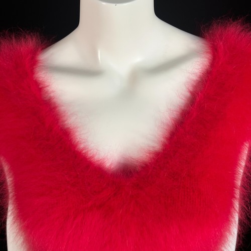 100% Angora Fuzzy Red Hand-knit NWT OOAK V-Neck Pullover Sweater 34" Bust - 第 9/10 張圖片