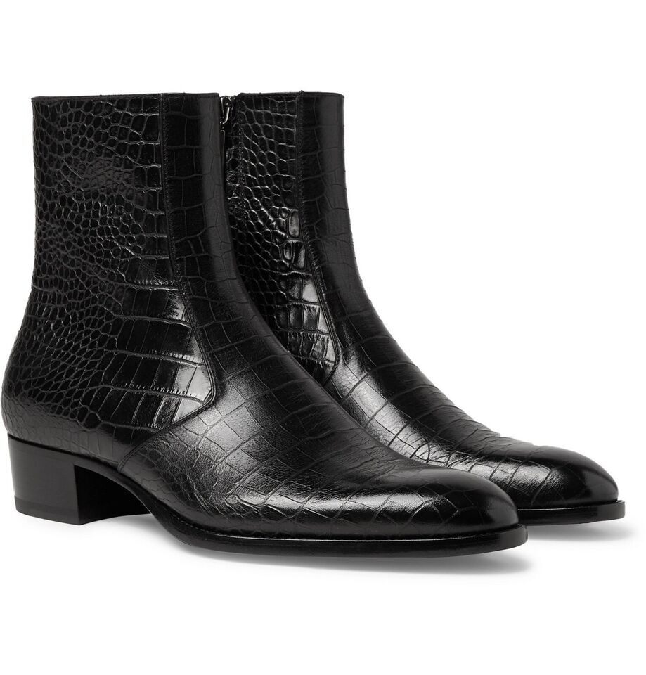 Handmade Men black side zip dress boots, Men alligators boot, Men crocodile  boot