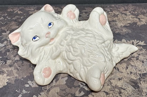 Playful Persian Kitten Figurine Ceramic Blue Eyes Lying On Back VTG 6”L