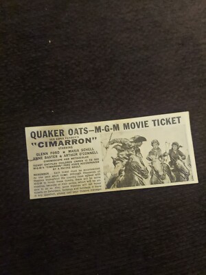 1960 Quaker Oats MGM Movie Ticket Cimarron