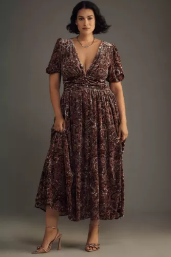 NWT Anthropologie Katerina Size 14 Button Front Velvet Floral Maxi Dress $230