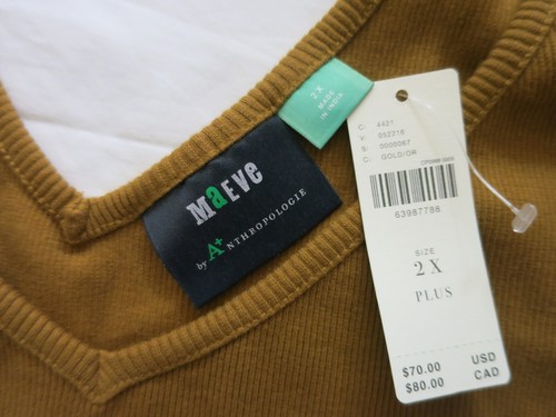 Maeve Anthropologie Ribbed Cotton Top Gold Mustard Short Puff Sleeve Ties 24W - Picture 5 of 12