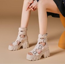 2024 Womens Block Heel Sandals Platform Peep Toe Hollow Out Buckle Shoes New