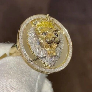 Authentic Wedding For Him VVS Moissanite Lion Head Ring 14k Yellow Gold Plated Silver