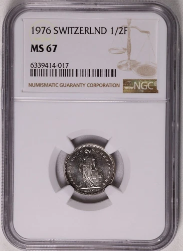 1976 Switzerland 1/2 Franc Helvetia Standing Copper-Nickel Coin NGC MS 67
