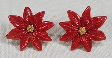 Vintage Avon Red Poinsettia Pierced Earrings Gold-Toned  Enamel