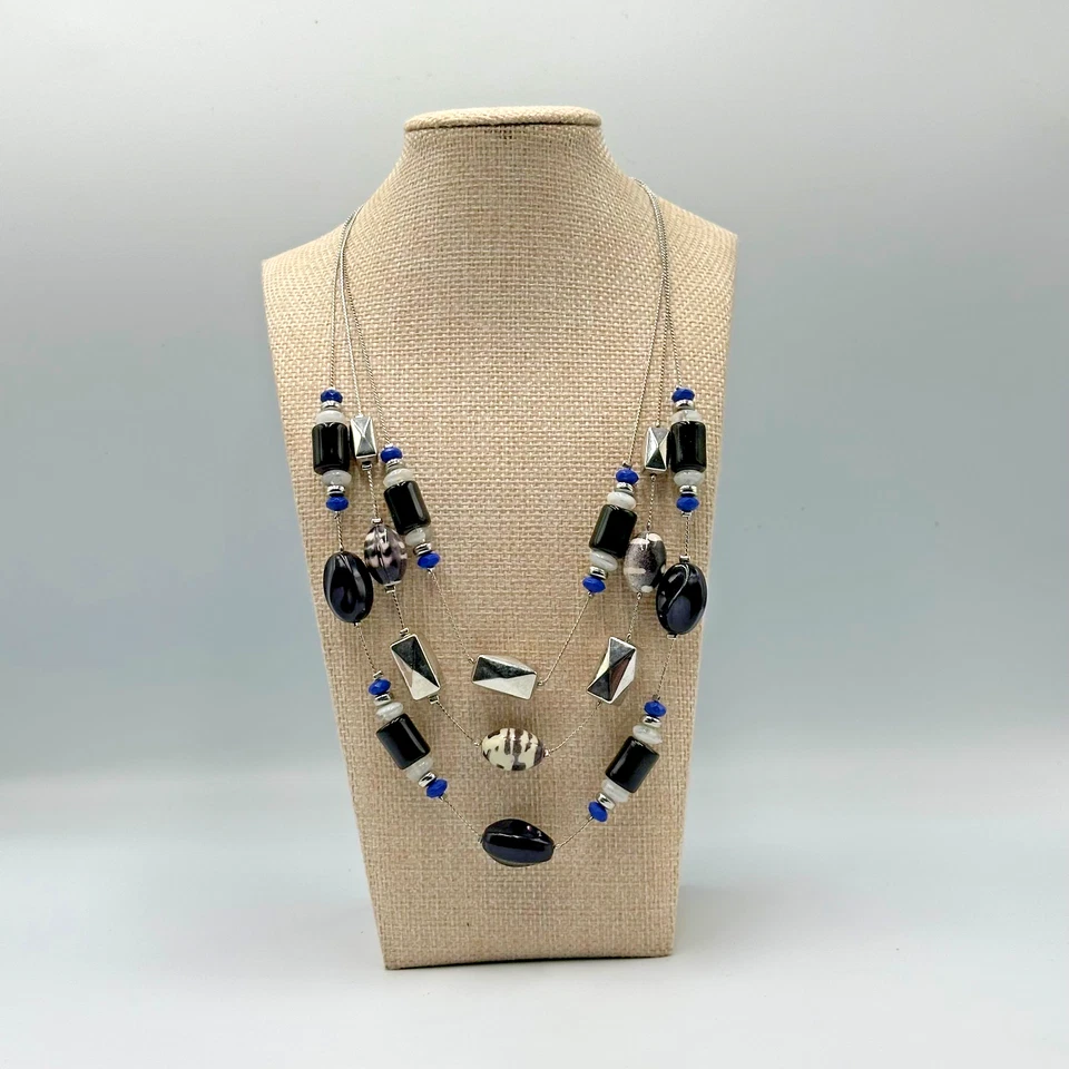 "Collar colección NY multi hilos tono plata negro azul cuentas en capas 20""" Foto 2 de 4