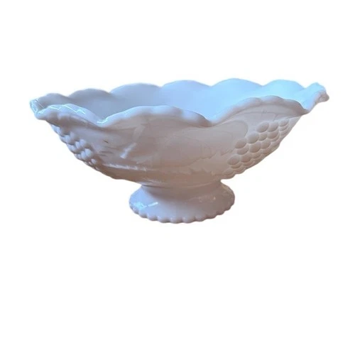 Westmoreland Footed Pedestal Bowl White Embossed Grape & Leaf Vintage milk glass