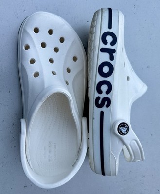 Crocs Crocband Clog Sandal White/Blue Logo Strap Slip-On Men sz 5 Women sz 7