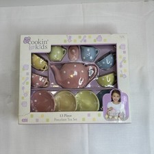 13 Piece COOKING FOR KIDS Porcelain Tea Set Pastel Polka Dots Pretend Play Toy