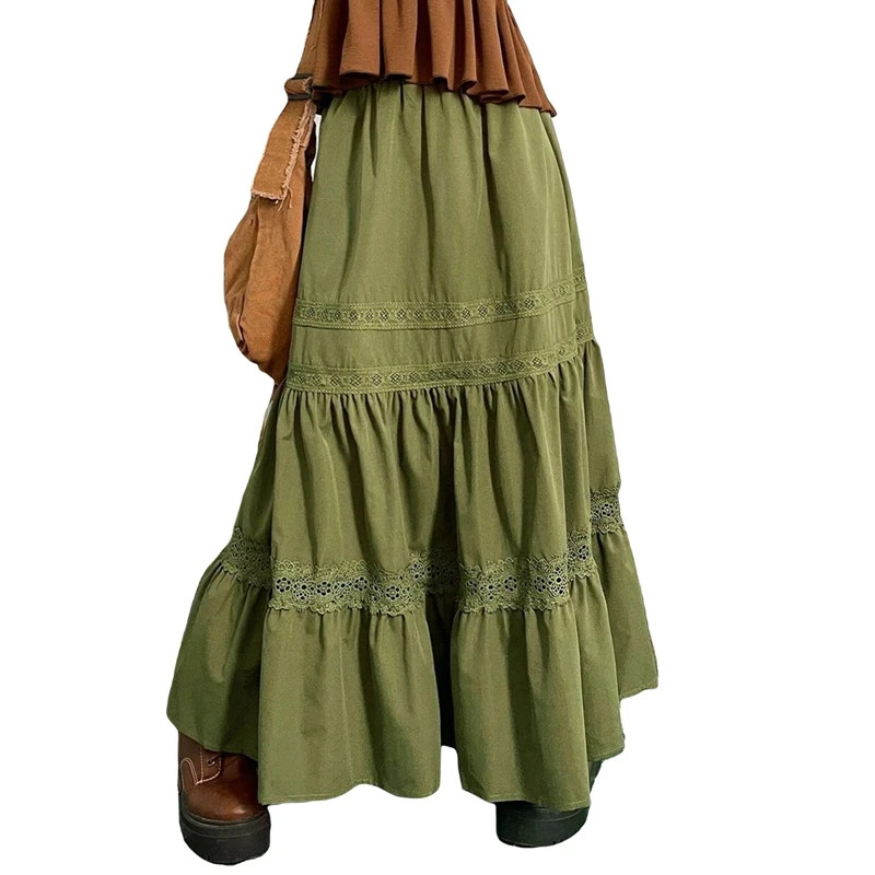 Tiered Maxi Skirt Lace Pleated High Waist Boho Fairycore Cottagecore Womens XS-L-image