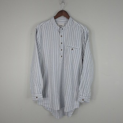 Stauer Shirt Mens Medium White Stripe Grandpa Band Collar Popover Cotton Work