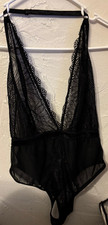 Frederick's of Hollywood SZ Large Black One Piece Mesh Lace Halter Bodysuit