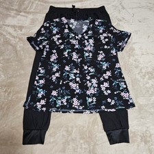 Womens Scrub Set Floral V-Neck Top Joggers Black L