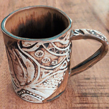 Handmade Studio Art Pottery Mug Carved Sgraffito Textured Glaze Coffee Cup Brown