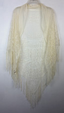 Vintage Lace Shawl Wrap Boho Western Fringe Rayon 70s Japan Ivory Feminine