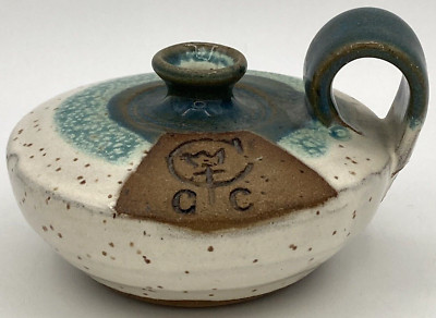 CCC Canada Pottery Stoneware Candle Holder Green Cream Brown Artist Signed