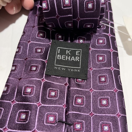 NWT IKE BEHAR Men's 100% Silk Geometric Pattern Tie Plum Necktie NEW Retail $57 - Picture 7 of 7