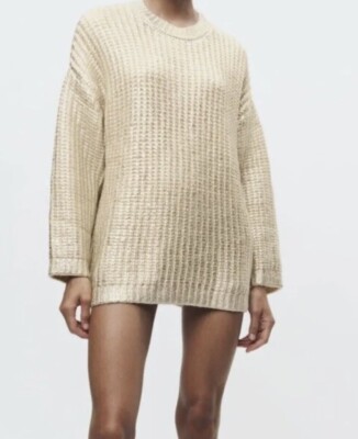 ZARA NEU DAMEN OVERSIZE FOLIENSTRICK PULLOVER HELLGOLD/SILBER Gr. S 9598/287
