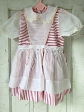 VTG Girls Dress Red Stripe Size 2 /3 White Organdy Fabric Pinafore Apron