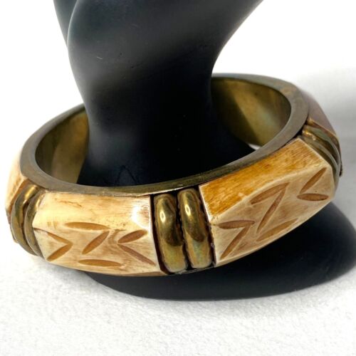 Chunky Bangle Bracelet Brass And Bone,(Synthetic) Style - Afbeelding 1 van 8