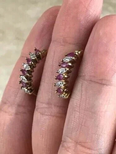 2Ct Created Red Ruby Hoop Huggie Women's Wedding Earrings 14K Yellow Gold Finish - Image 4 of 4