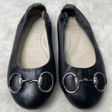 Gucci Kid's Girl's Black Leather Horsebit Ballet Flats Shoes Size 27