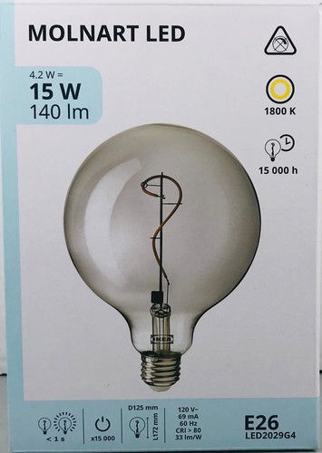 NIB Factory Sealed Ikea MOLNART LED E26 15w 140 Lumen 5” Clear Grey Bulb, A3-3