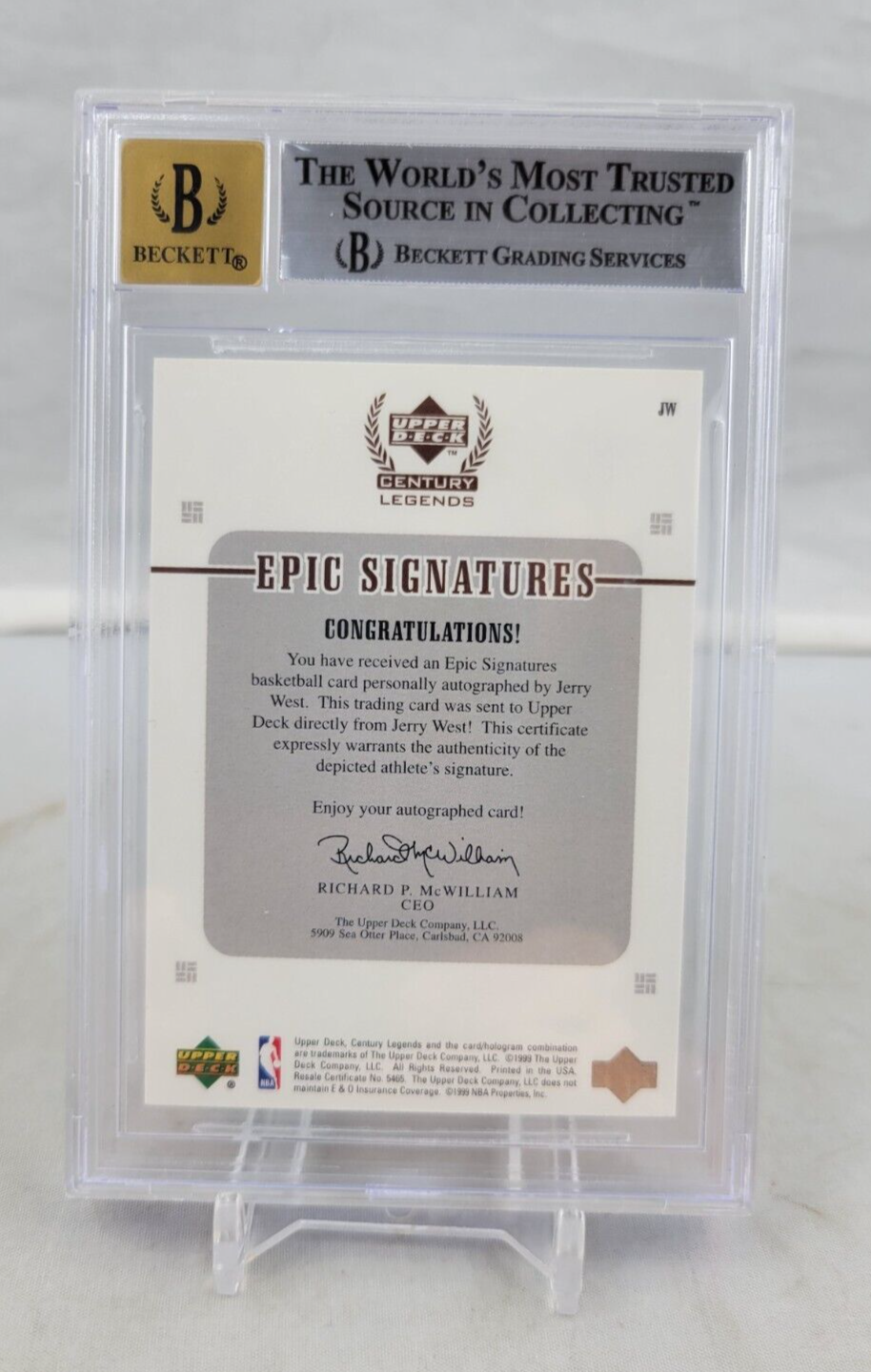 1999 UD Century Legends Epic Signatures Jerry West On Card Auto BGS 9/10 #JW
