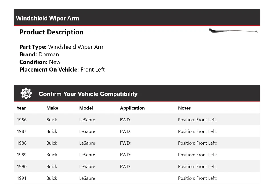 Рычаг стеклоочистителя переднего левого стекла для Buick LeSabre Dorman 1986-1991 годов выпуска 1987 1988 годов выпуска - Изображение 2 из 3