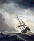 Oil painting ship in high seas caught by a squall storm huge waves seascape art