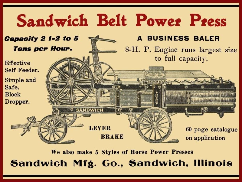 1905 Sandwich Mfg. Co. NEW Metal Sign: Belt Power Press - Sandwich, Illinois