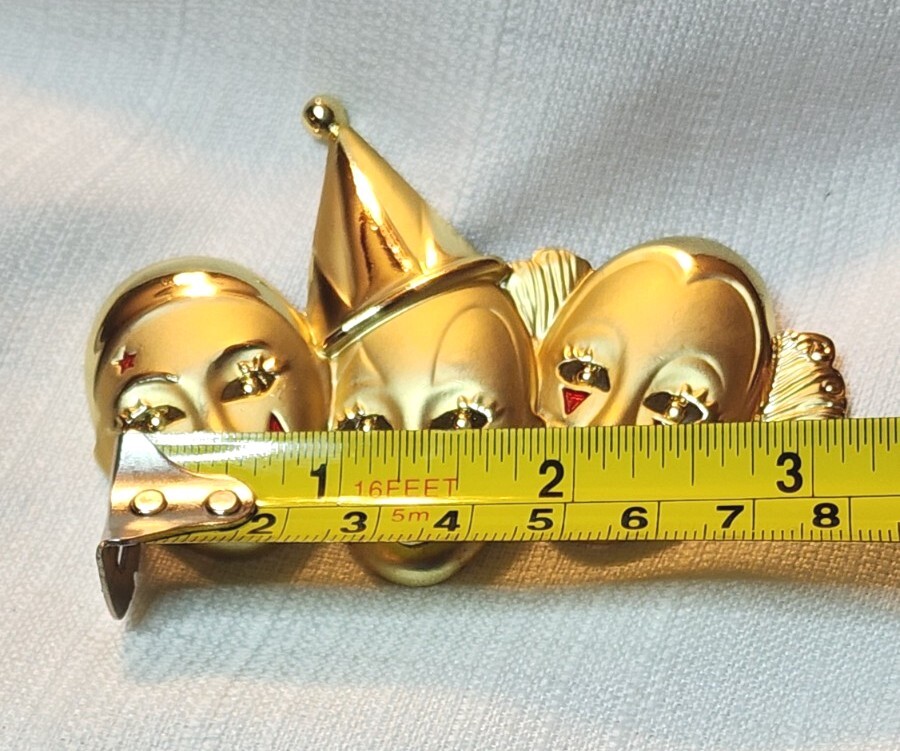 Triple Clowns Vintage Signed AJC Gold Tone Enamel Theater Masks Faces Brooch Pin