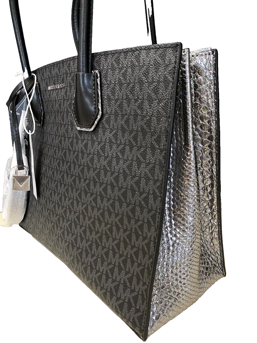 MICHAEL KORS STUDIO Mercer Convertible Tote BLACK PEWTER Logo Snake NEW $328