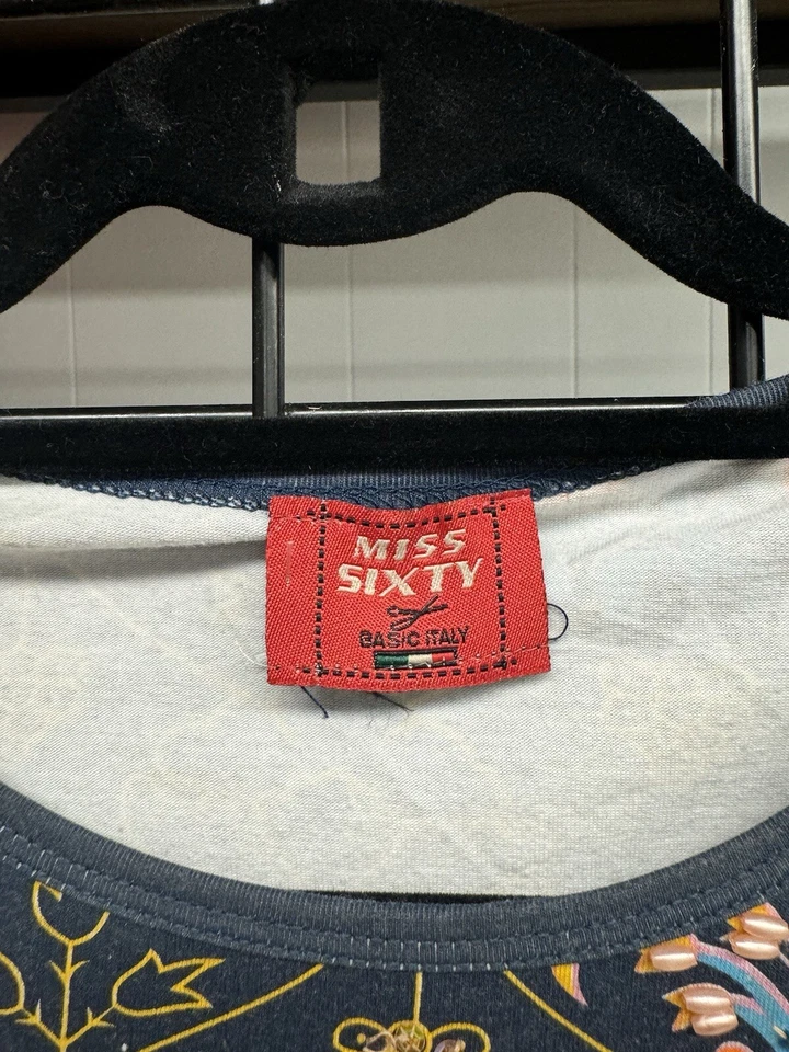 Blusa Vintage Años 90 Y2K Miss Sixty Azul Abstracto Geométrico Cuentas Talla L/XL Foto 3 de 4