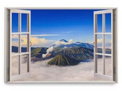 120x80cm Wandbild Fensterbild Bromo Vulkan Indonesien Berge Wolken Natur