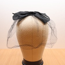 Vintage Black Fabric Ribbon Bow Hat and Net Veil 1950s
