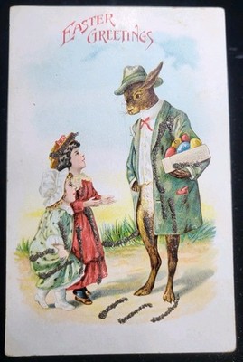 Easter Anthropomorphic Dressed Bunny Eggs Little Girls Postcard 1900s Unposted 