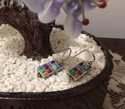 VTG S/W 925 Sterling Silver Turquoise Charoite Coral Lapis Oyster Earrings EUC - Image 1 of 4
