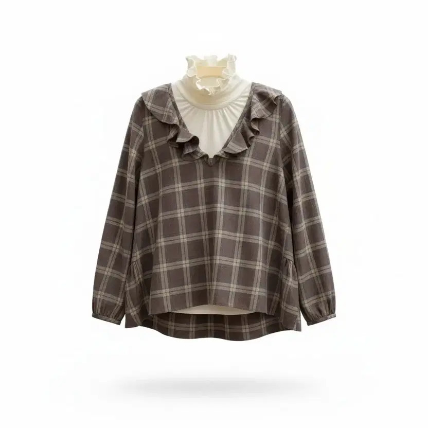 Checked Ruffle Blouse Brown Pattern - image 1