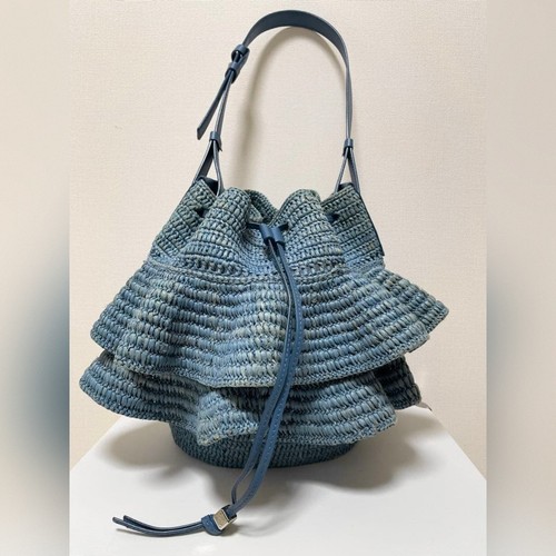 LOEWE Ruffle Balloon Shoulder Bucket Bag Raffia Leather Blue Anagram Women