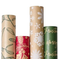 Vintage Recyclable Christmas Wrapping Paper Rolls, Brown Kraft Brown/Red/Green