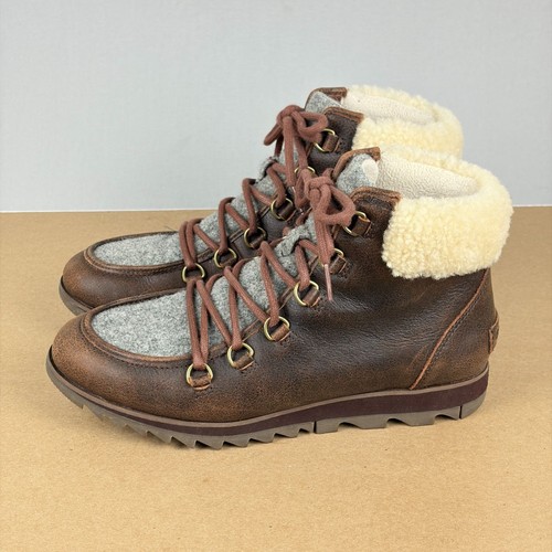 Sorel Harlow Lace Up Leather Boots Womens 8 Brown Gray Cream Casual Comfort