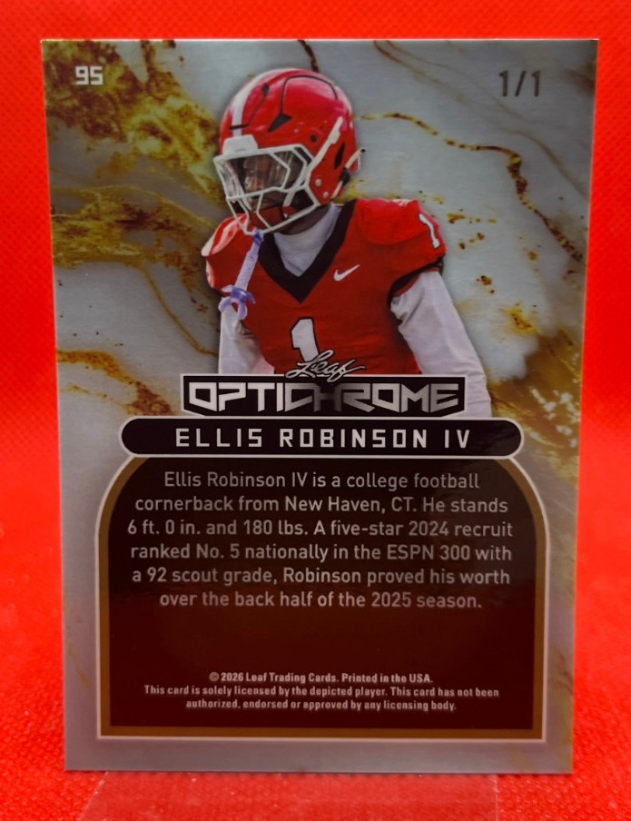 ELLIS ROBINSON IV 2026 LEAF OPTICHROME FOOTBALL 1/1  AUTO RED REFRACTOR view 2
